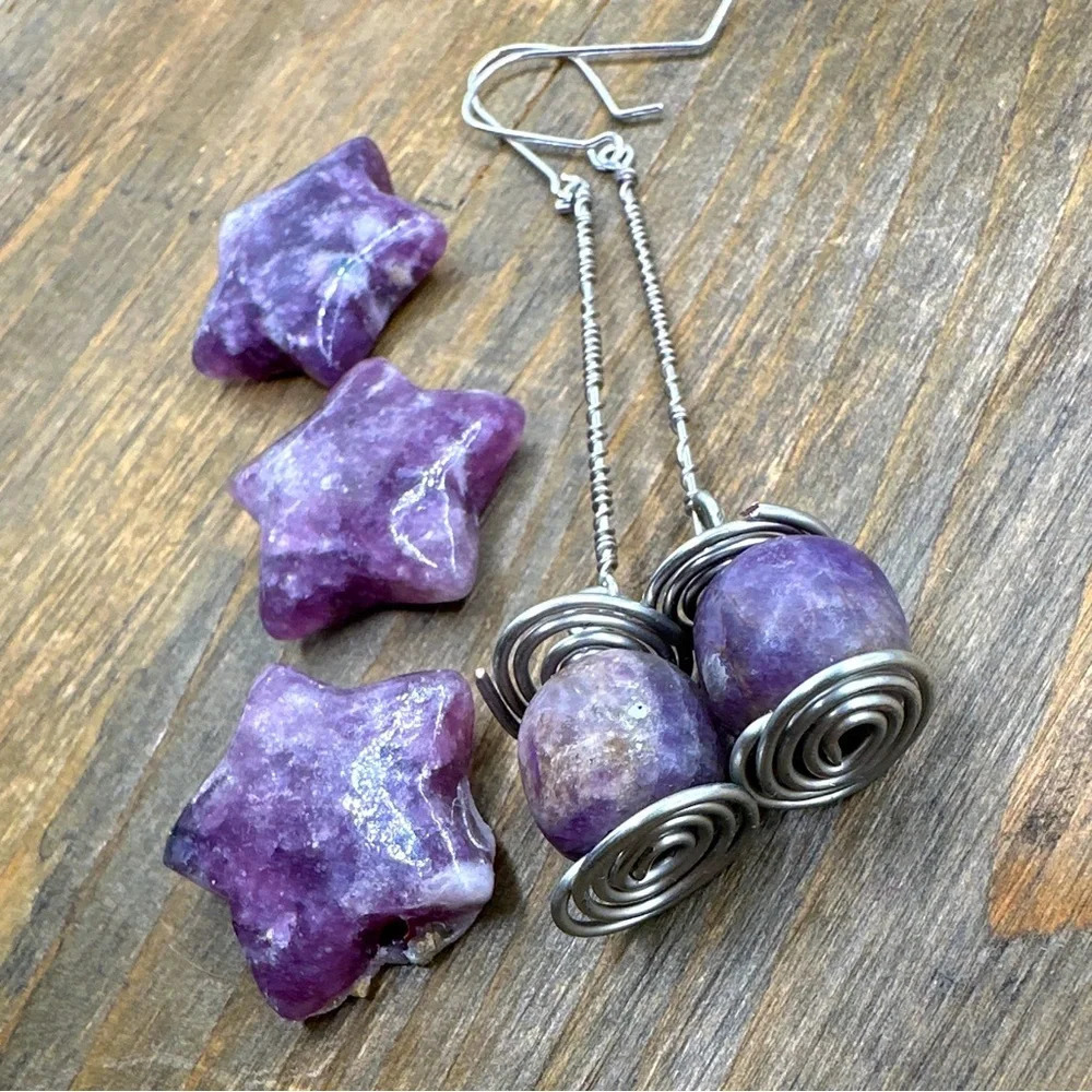Chunky Maxiamlist Lepidolite very long dangle minimalist silver earrings